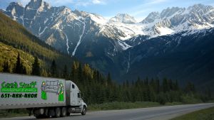 a GSM truck on the road with mountains in the background