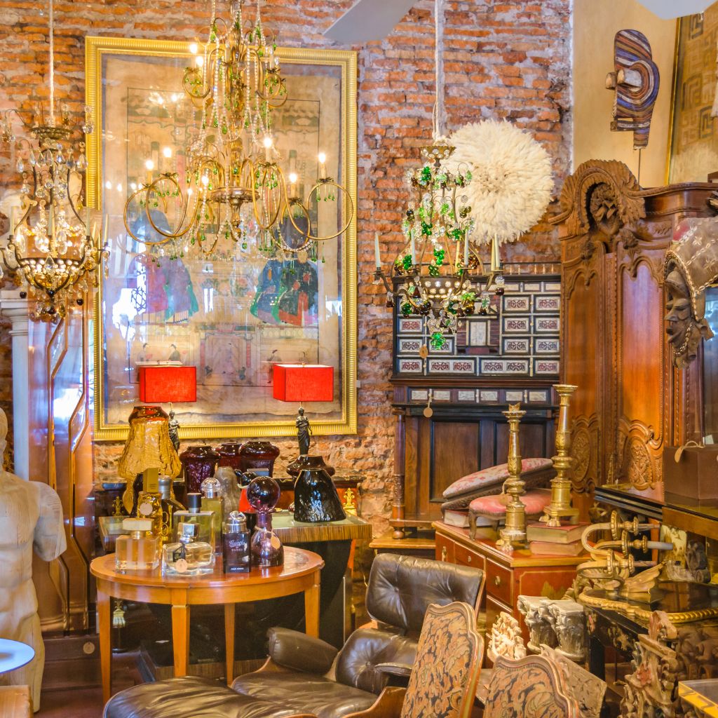 a room with antique and art items