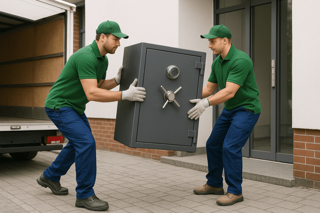 two men in green shirts carry heavy safe