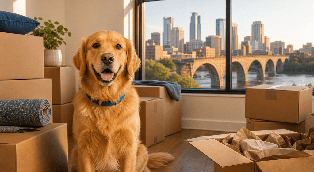 moving with pets in Minnesota, dog sitting beside packed boxes.
