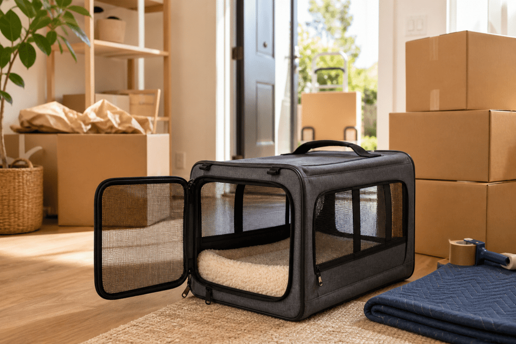 pet carrier packed for a Minnesota moving day