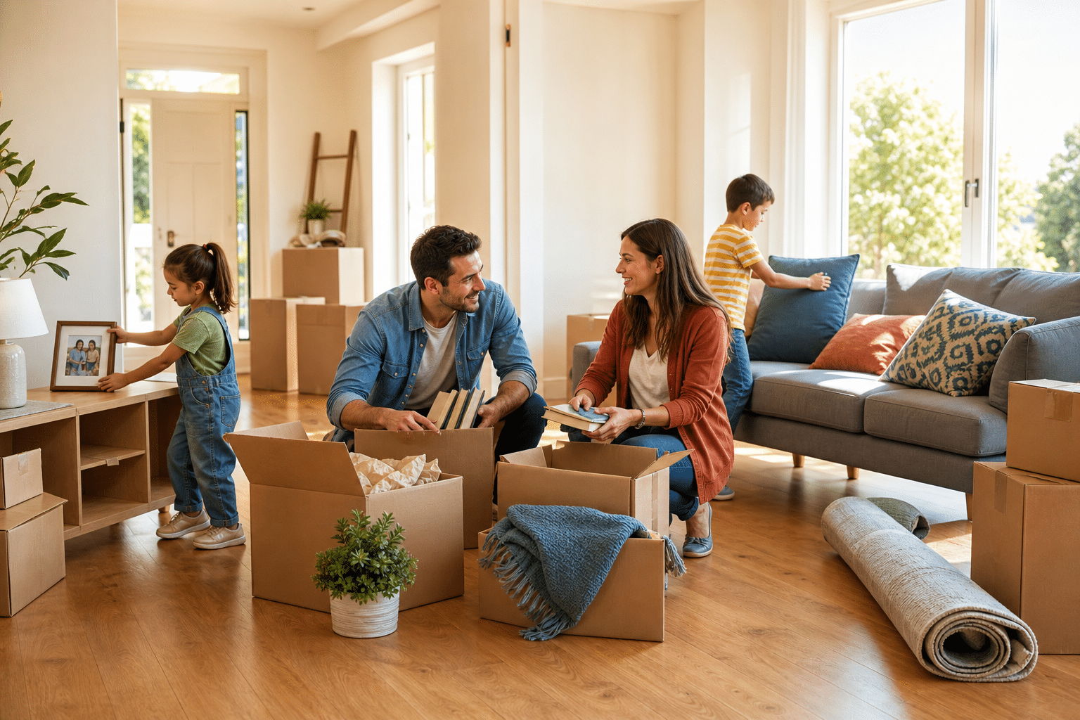 family unpacking together after a Twin Cities move